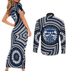 Geelong Cats Couples Matching Short Sleeve Bodycon Dress and Long Sleeve Button Shirt Indigenous Monochrome Dot Art Mascot Style