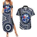 Geelong Cats Couples Matching Summer Maxi Dress and Hawaiian Shirt Indigenous Monochrome Dot Art Mascot Style