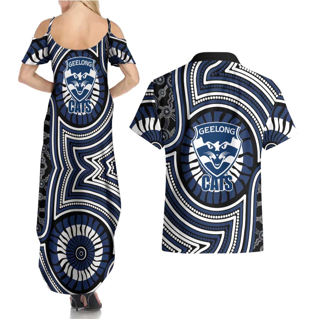 Geelong Cats Couples Matching Summer Maxi Dress and Hawaiian Shirt Indigenous Monochrome Dot Art Mascot Style