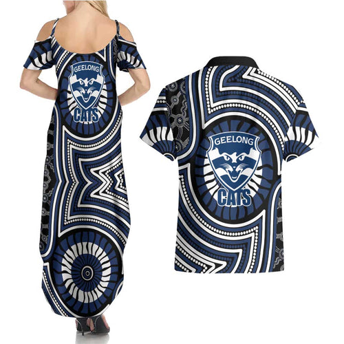 Geelong Cats Couples Matching Summer Maxi Dress and Hawaiian Shirt Indigenous Monochrome Dot Art Mascot Style