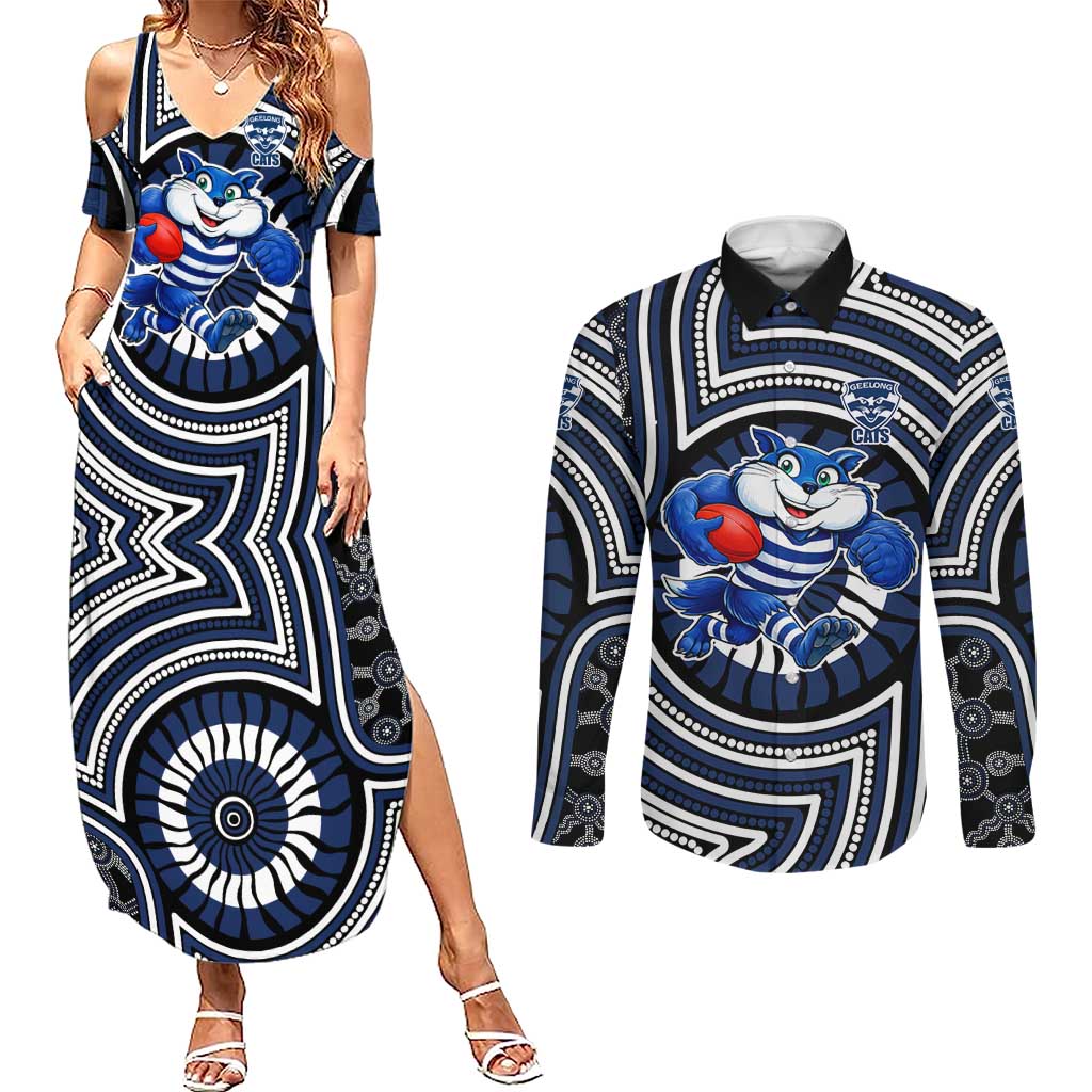 Geelong Cats Couples Matching Summer Maxi Dress and Long Sleeve Button Shirt Indigenous Monochrome Dot Art Mascot Style