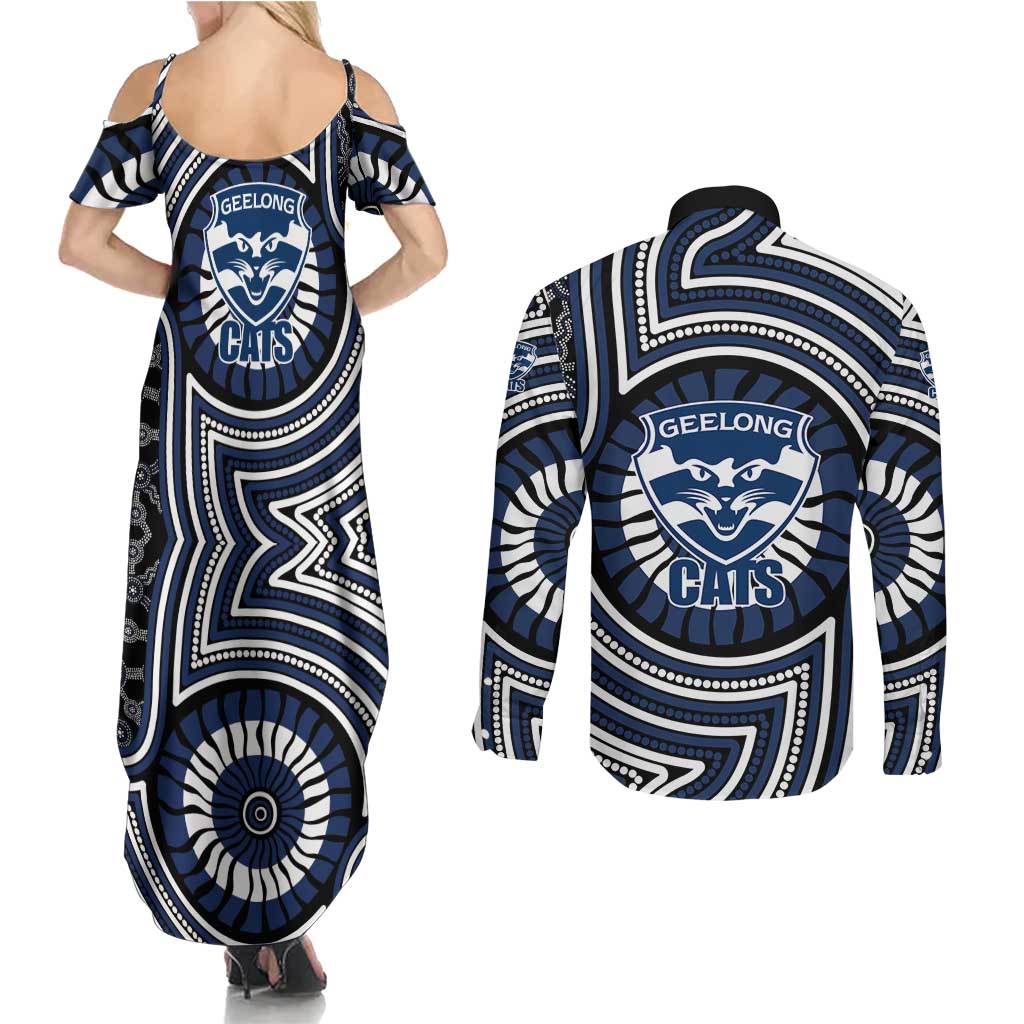 Geelong Cats Couples Matching Summer Maxi Dress and Long Sleeve Button Shirt Indigenous Monochrome Dot Art Mascot Style