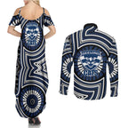Geelong Cats Couples Matching Summer Maxi Dress and Long Sleeve Button Shirt Indigenous Monochrome Dot Art Mascot Style