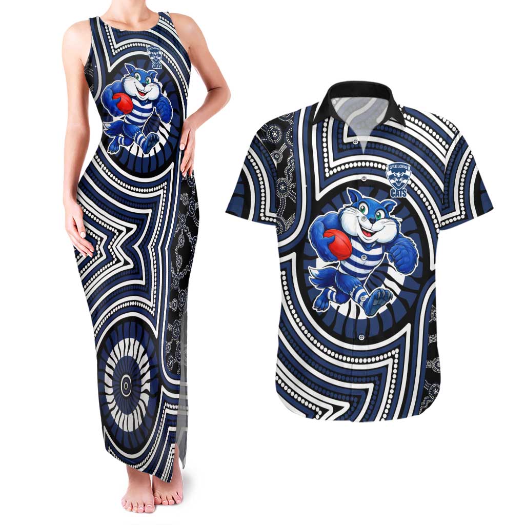 Geelong Cats Couples Matching Tank Maxi Dress and Hawaiian Shirt Indigenous Monochrome Dot Art Mascot Style