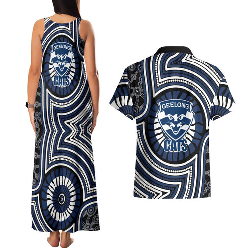 Geelong Cats Couples Matching Tank Maxi Dress and Hawaiian Shirt Indigenous Monochrome Dot Art Mascot Style
