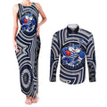 Geelong Cats Couples Matching Tank Maxi Dress and Long Sleeve Button Shirt Indigenous Monochrome Dot Art Mascot Style