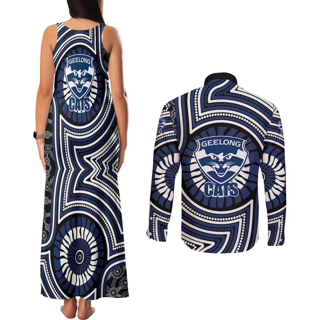 Geelong Cats Couples Matching Tank Maxi Dress and Long Sleeve Button Shirt Indigenous Monochrome Dot Art Mascot Style