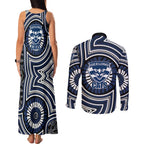 Geelong Cats Couples Matching Tank Maxi Dress and Long Sleeve Button Shirt Indigenous Monochrome Dot Art Mascot Style