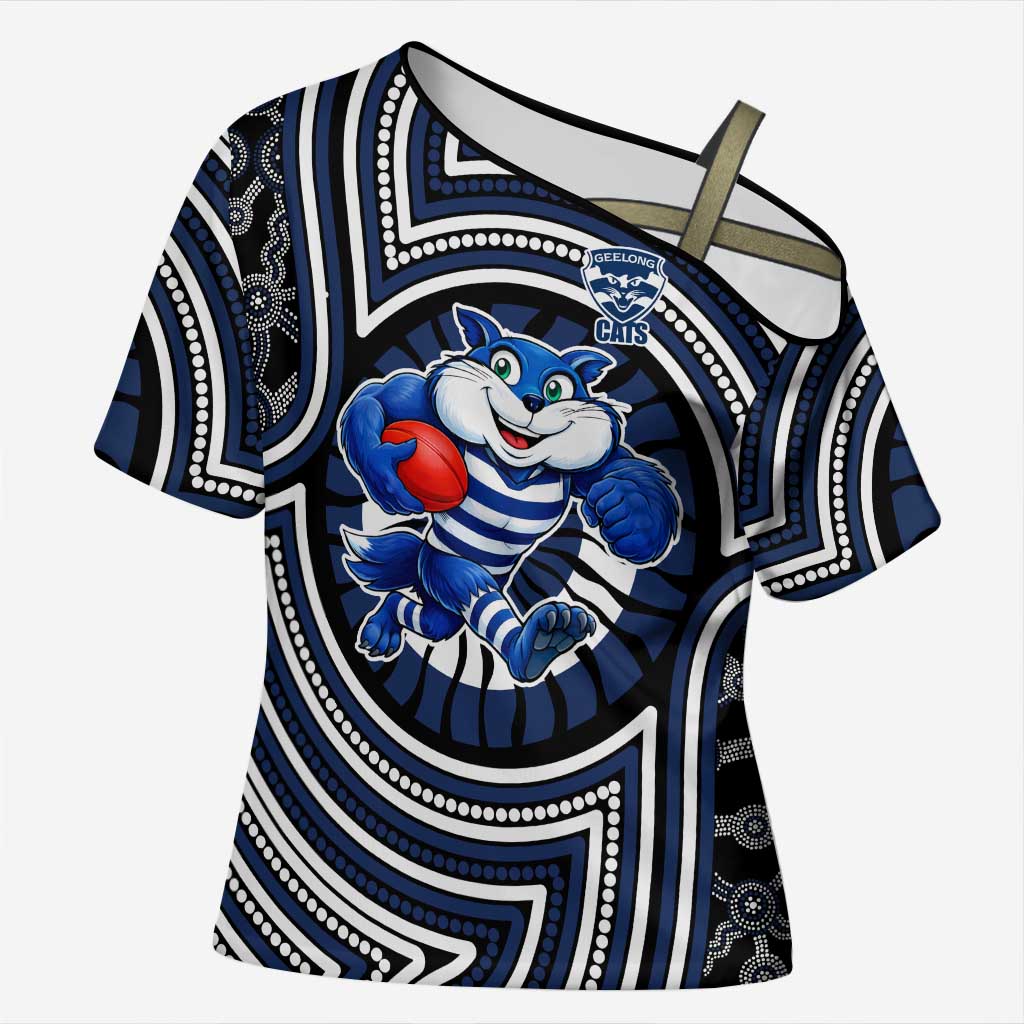 Geelong Cats Cross Shoulder Shirt Indigenous Monochrome Dot Art Mascot Style
