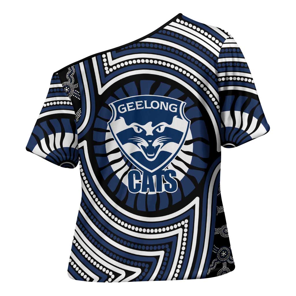 Geelong Cats Cross Shoulder Shirt Indigenous Monochrome Dot Art Mascot Style