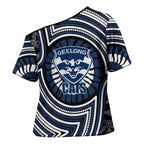 Geelong Cats Cross Shoulder Shirt Indigenous Monochrome Dot Art Mascot Style