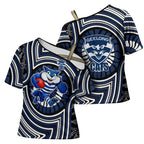 Geelong Cats Cross Shoulder Shirt Indigenous Monochrome Dot Art Mascot Style