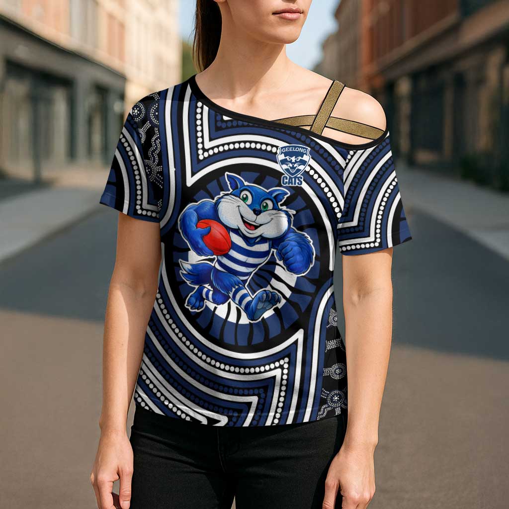 Geelong Cats Cross Shoulder Shirt Indigenous Monochrome Dot Art Mascot Style