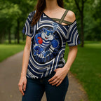 Geelong Cats Cross Shoulder Shirt Indigenous Monochrome Dot Art Mascot Style