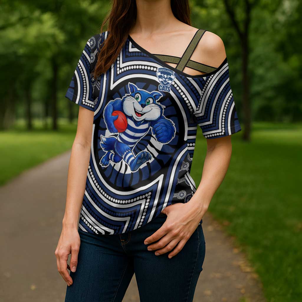 Geelong Cats Cross Shoulder Shirt Indigenous Monochrome Dot Art Mascot Style