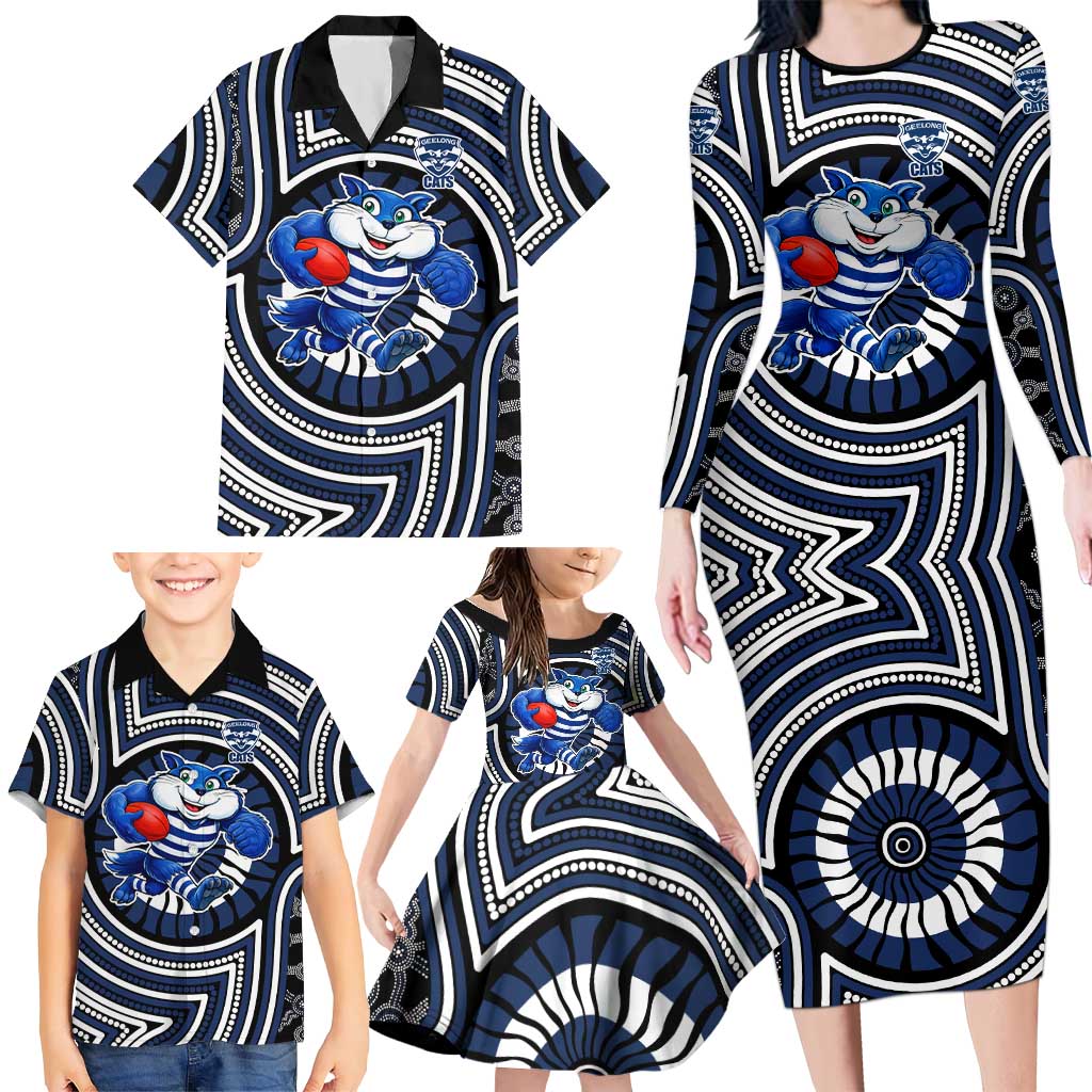Geelong Cats Family Matching Long Sleeve Bodycon Dress and Hawaiian Shirt Indigenous Monochrome Dot Art Mascot Style