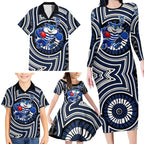 Geelong Cats Family Matching Long Sleeve Bodycon Dress and Hawaiian Shirt Indigenous Monochrome Dot Art Mascot Style