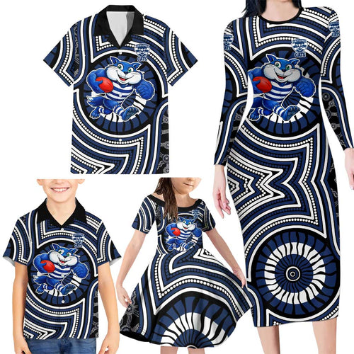 Geelong Cats Family Matching Long Sleeve Bodycon Dress and Hawaiian Shirt Indigenous Monochrome Dot Art Mascot Style