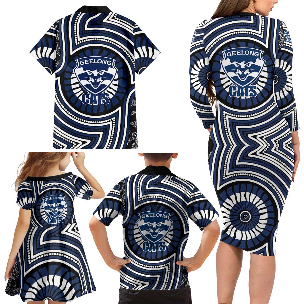 Geelong Cats Family Matching Long Sleeve Bodycon Dress and Hawaiian Shirt Indigenous Monochrome Dot Art Mascot Style