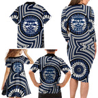 Geelong Cats Family Matching Long Sleeve Bodycon Dress and Hawaiian Shirt Indigenous Monochrome Dot Art Mascot Style