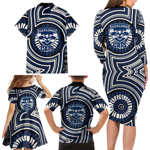 Geelong Cats Family Matching Long Sleeve Bodycon Dress and Hawaiian Shirt Indigenous Monochrome Dot Art Mascot Style