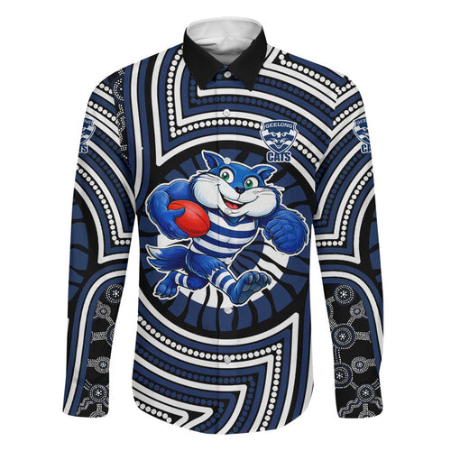 Geelong Cats Family Matching Long Sleeve Bodycon Dress and Hawaiian Shirt Indigenous Monochrome Dot Art Mascot Style
