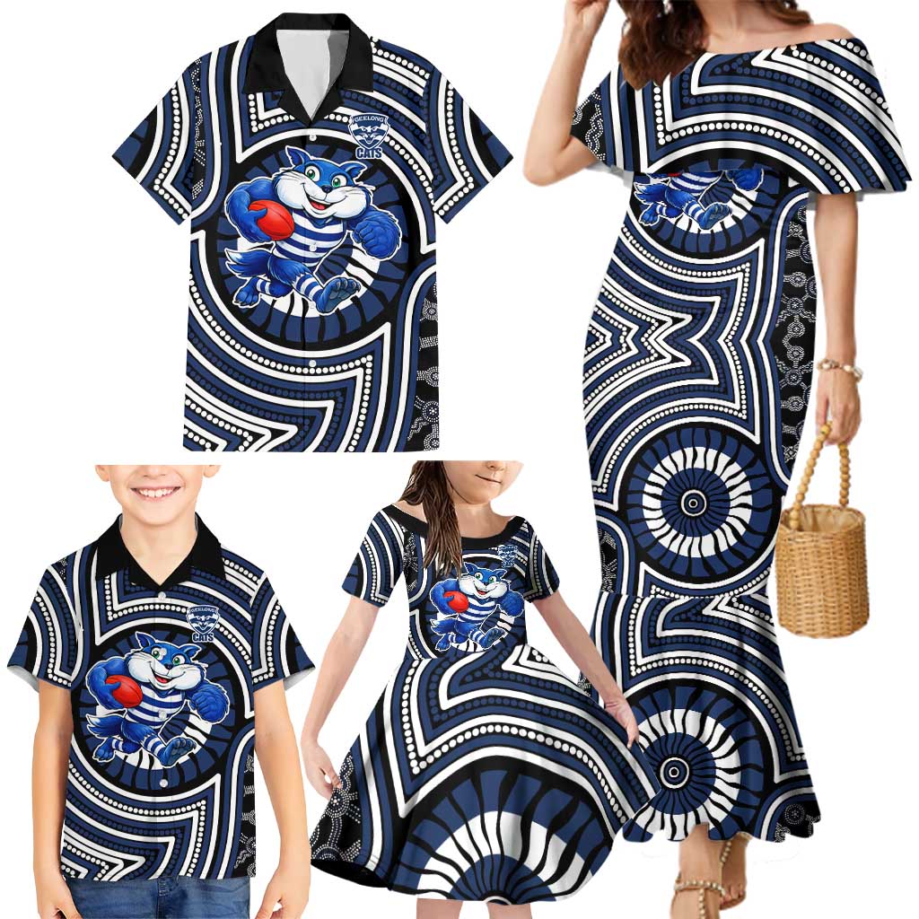 Geelong Cats Family Matching Mermaid Dress and Hawaiian Shirt Indigenous Monochrome Dot Art Mascot Style