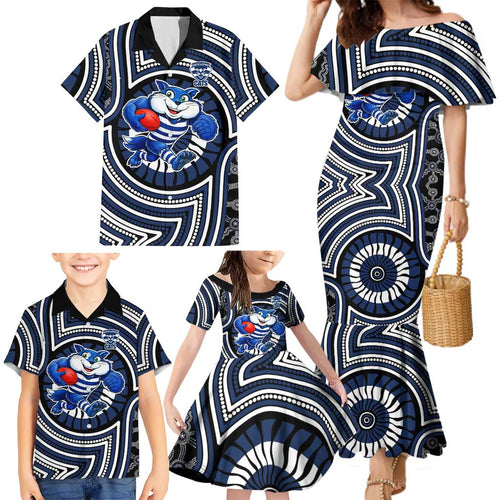 Geelong Cats Family Matching Mermaid Dress and Hawaiian Shirt Indigenous Monochrome Dot Art Mascot Style