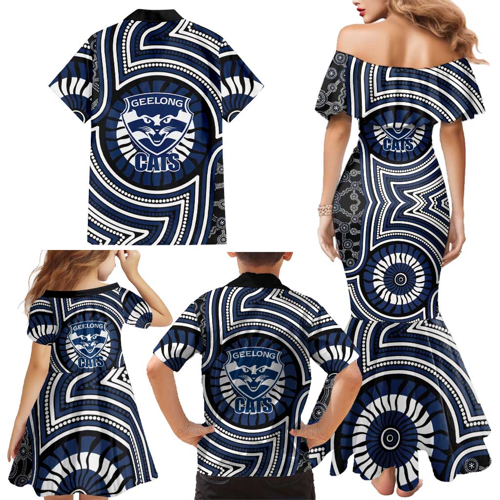 Geelong Cats Family Matching Mermaid Dress and Hawaiian Shirt Indigenous Monochrome Dot Art Mascot Style
