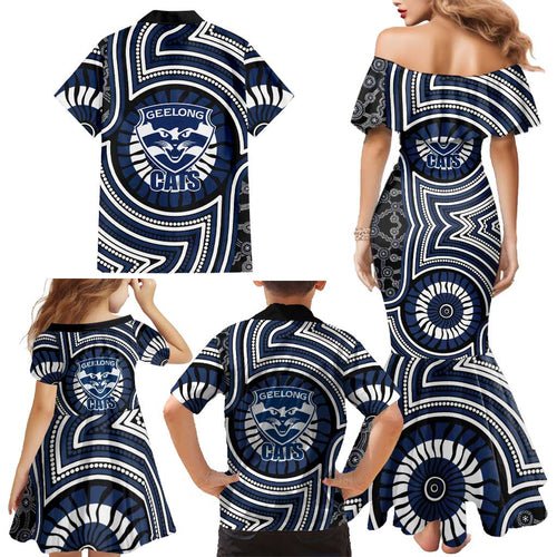 Geelong Cats Family Matching Mermaid Dress and Hawaiian Shirt Indigenous Monochrome Dot Art Mascot Style