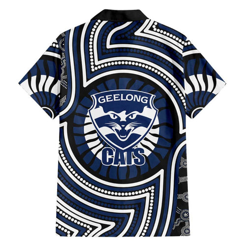 Geelong Cats Family Matching Mermaid Dress and Hawaiian Shirt Indigenous Monochrome Dot Art Mascot Style
