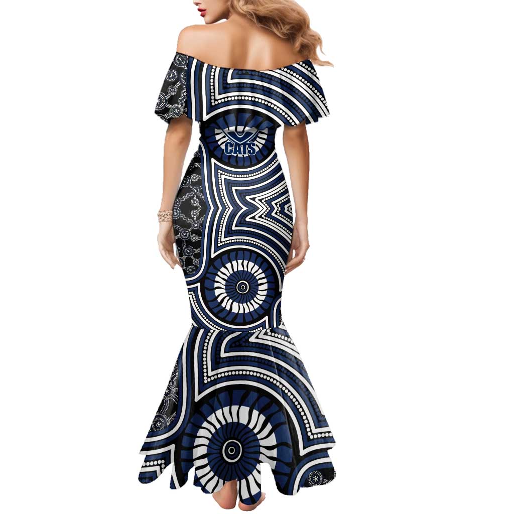 Geelong Cats Family Matching Mermaid Dress and Hawaiian Shirt Indigenous Monochrome Dot Art Mascot Style