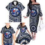 Geelong Cats Family Matching Off The Shoulder Long Sleeve Dress and Hawaiian Shirt Indigenous Monochrome Dot Art Mascot Style