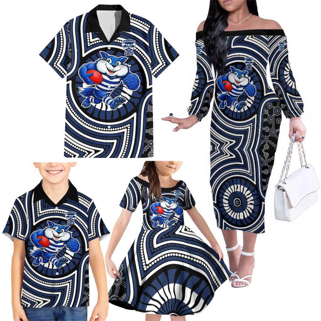 Geelong Cats Family Matching Off The Shoulder Long Sleeve Dress and Hawaiian Shirt Indigenous Monochrome Dot Art Mascot Style