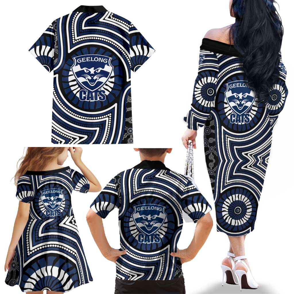 Geelong Cats Family Matching Off The Shoulder Long Sleeve Dress and Hawaiian Shirt Indigenous Monochrome Dot Art Mascot Style