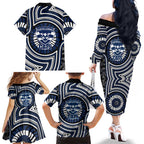 Geelong Cats Family Matching Off The Shoulder Long Sleeve Dress and Hawaiian Shirt Indigenous Monochrome Dot Art Mascot Style