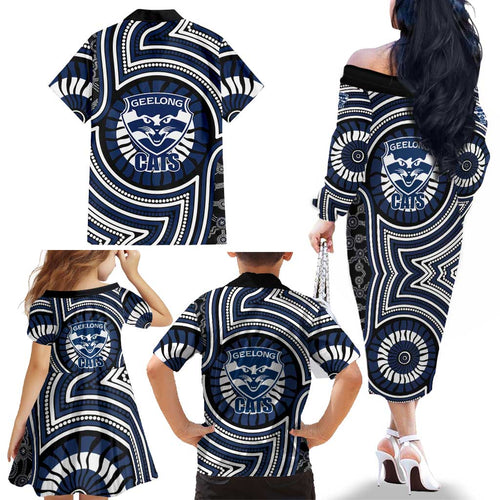 Geelong Cats Family Matching Off The Shoulder Long Sleeve Dress and Hawaiian Shirt Indigenous Monochrome Dot Art Mascot Style