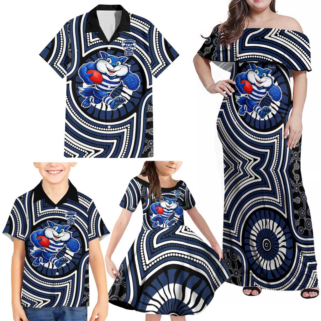 Geelong Cats Family Matching Off Shoulder Maxi Dress and Hawaiian Shirt Indigenous Monochrome Dot Art Mascot Style
