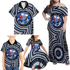 Geelong Cats Family Matching Off Shoulder Maxi Dress and Hawaiian Shirt Indigenous Monochrome Dot Art Mascot Style