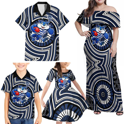 Geelong Cats Family Matching Off Shoulder Maxi Dress and Hawaiian Shirt Indigenous Monochrome Dot Art Mascot Style