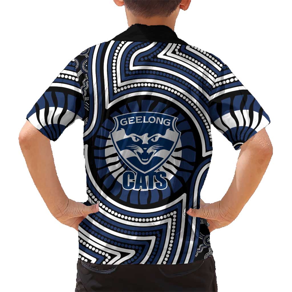 Geelong Cats Family Matching Off Shoulder Maxi Dress and Hawaiian Shirt Indigenous Monochrome Dot Art Mascot Style