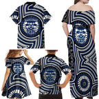 Geelong Cats Family Matching Off Shoulder Maxi Dress and Hawaiian Shirt Indigenous Monochrome Dot Art Mascot Style