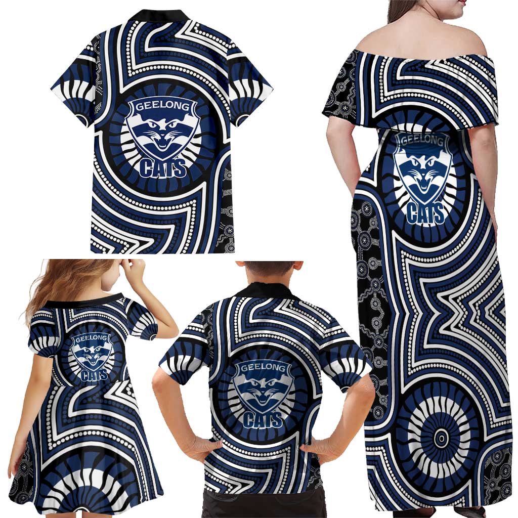 Geelong Cats Family Matching Off Shoulder Maxi Dress and Hawaiian Shirt Indigenous Monochrome Dot Art Mascot Style