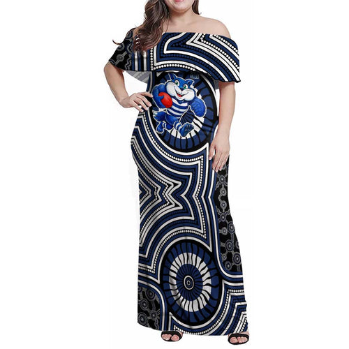 Geelong Cats Family Matching Off Shoulder Maxi Dress and Hawaiian Shirt Indigenous Monochrome Dot Art Mascot Style