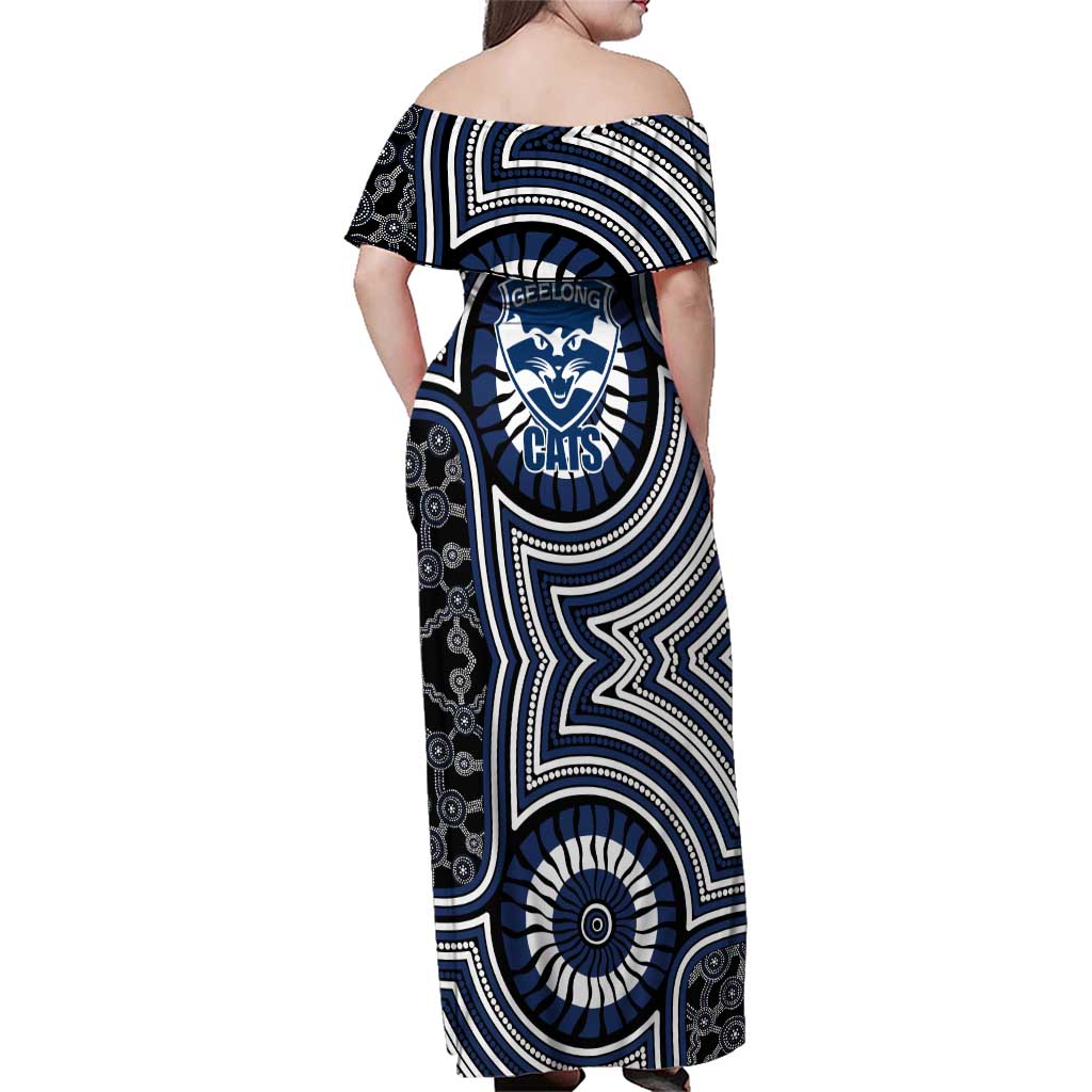 Geelong Cats Family Matching Off Shoulder Maxi Dress and Hawaiian Shirt Indigenous Monochrome Dot Art Mascot Style