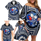 Geelong Cats Family Matching Off Shoulder Short Dress and Hawaiian Shirt Indigenous Monochrome Dot Art Mascot Style