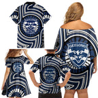 Geelong Cats Family Matching Off Shoulder Short Dress and Hawaiian Shirt Indigenous Monochrome Dot Art Mascot Style