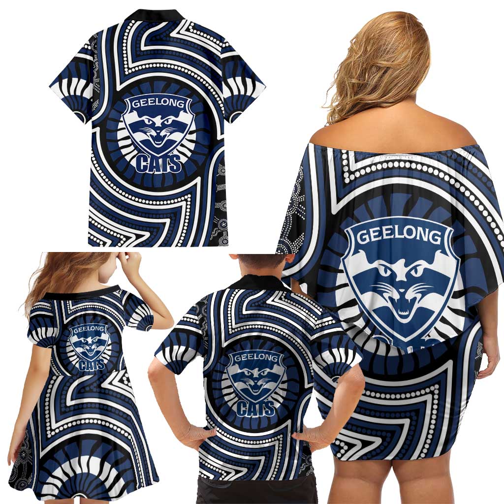 Geelong Cats Family Matching Off Shoulder Short Dress and Hawaiian Shirt Indigenous Monochrome Dot Art Mascot Style