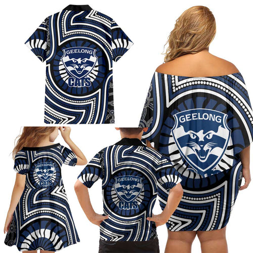 Geelong Cats Family Matching Off Shoulder Short Dress and Hawaiian Shirt Indigenous Monochrome Dot Art Mascot Style