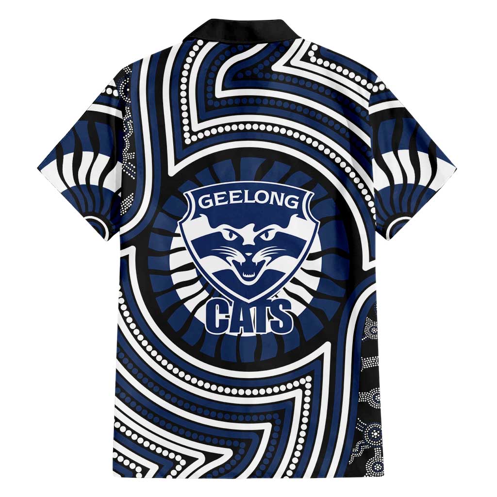 Geelong Cats Family Matching Off Shoulder Short Dress and Hawaiian Shirt Indigenous Monochrome Dot Art Mascot Style
